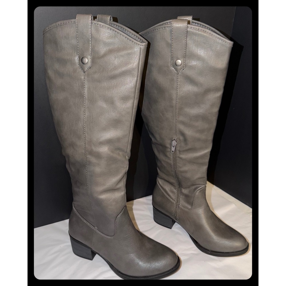Rampage Rialto Boots Women 7 Gray Faux Leather Knee High Riding Moto